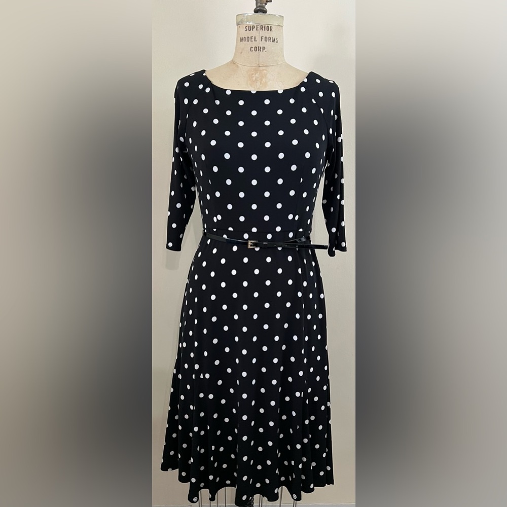 Jessica Howard All Over Black White Polka-Dot Knit Dress Size 10